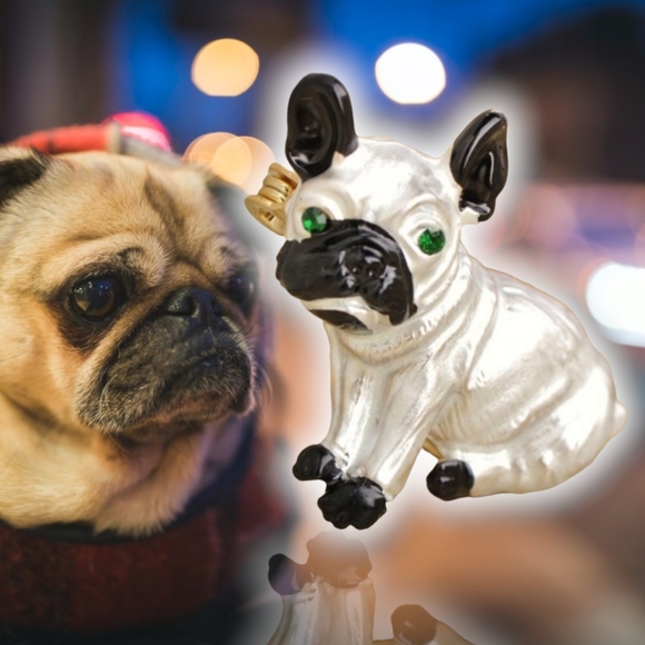 New gold plated green crystal Black-and-white pug necklace/brooch - Picture 4 of 11